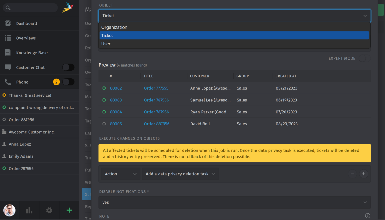 Zammad 6.2 - Scheduler de rétention